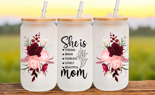 She Is Mom Glass Cup